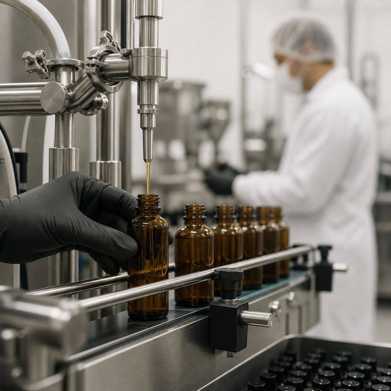 Abfüllung von hochwertigem After Shave Öl für Männer in braune Glasflaschen bei einem professionellen Kosmetikhersteller. Moderne Produktion von männlicher Intimpflege mit präziser Labor- und Abfülltechnik.