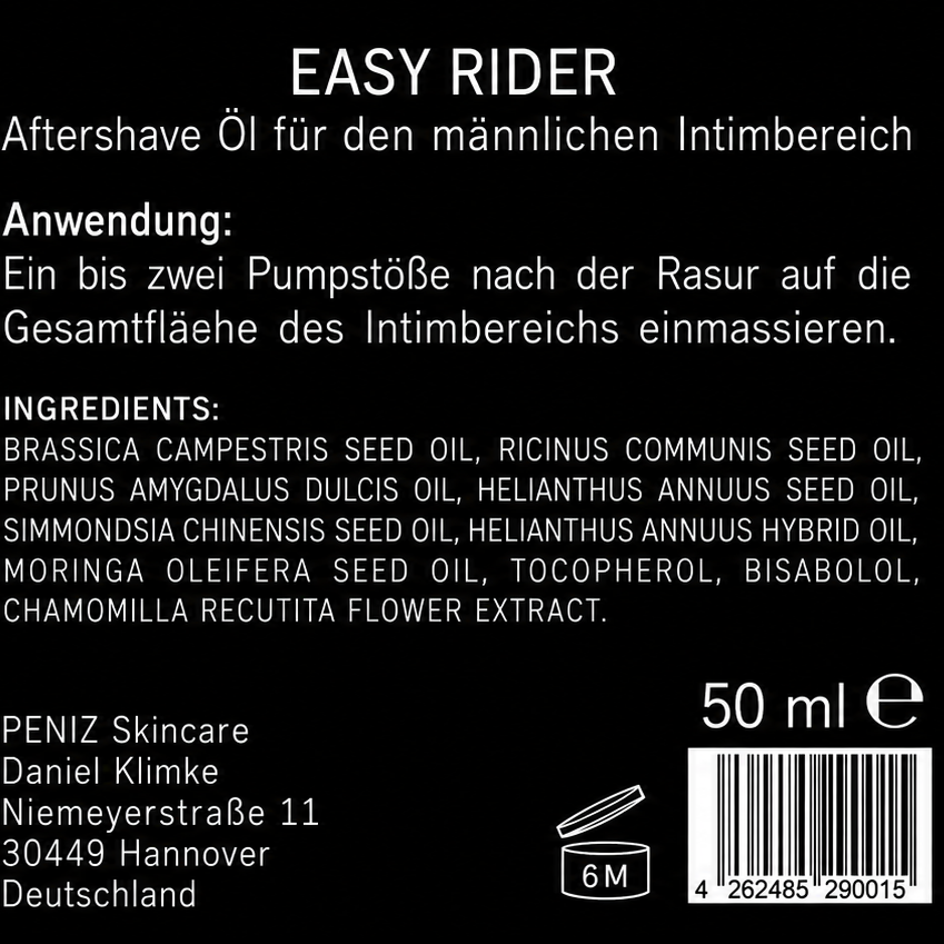 Rücketikett von Easy Rider Aftershave-Öl für den männlichen Intimbereich mit Anwendung, Inhaltsstoffen, 50-ml-Angabe, Haltbarkeit und Herstellerdaten.