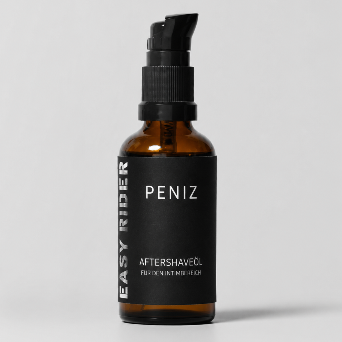 PENIZ Easy Rider Aftershave-Öl für den männlichen Intimbereich in einer braunen 50-ml-Glasflasche mit schwarzem Pumpspender.