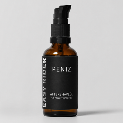 PENIZ Easy Rider Aftershave-Öl für den männlichen Intimbereich in einer braunen 50-ml-Glasflasche mit schwarzem Pumpspender.