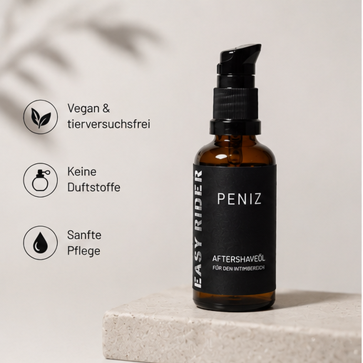 Easy Rider Peniz Aftershaveöl für den Intimbereich in brauner Pumpflasche, vegan, tierversuchsfrei, ohne Duftstoffe und für sanfte Hautpflege nach der Rasur.