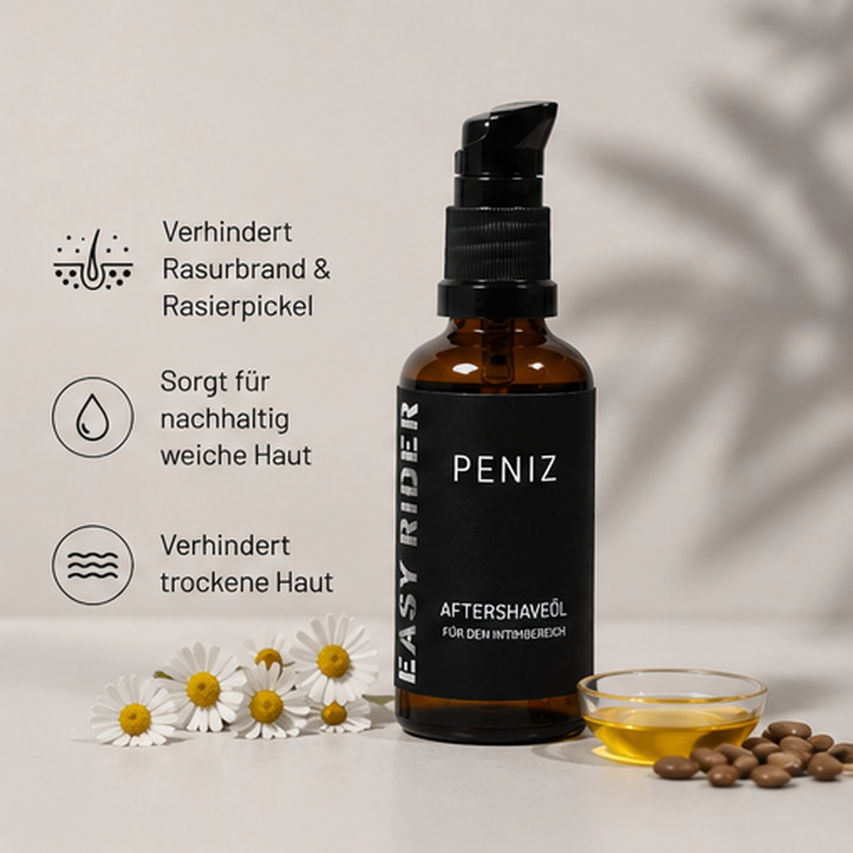Aftershaveöl für den Intimbereich von Easy Rider Peniz zur Pflege empfindlicher Männerhaut nach der Rasur, für langanhaltend weiche Haut und weniger Rasurbrand.