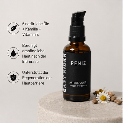 Aftershaveöl für den Intimbereich von Easy Rider Peniz mit natürlichen Ölen, Kamille und Vitamin E zur Beruhigung und Pflege empfindlicher Haut nach der Rasur.