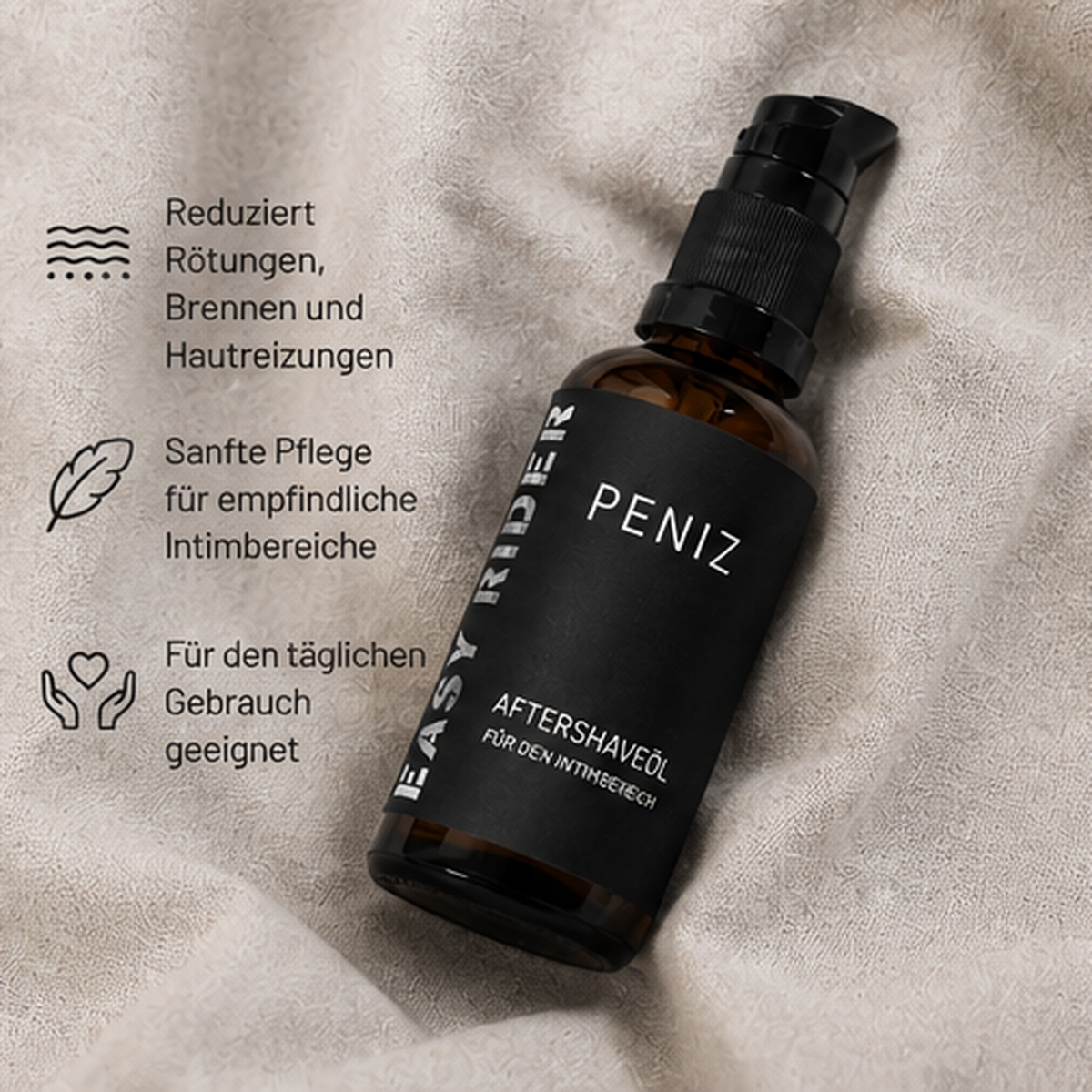 Aftershaveöl für den Intimbereich von Easy Rider Peniz zur Beruhigung empfindlicher Haut nach der Rasur und für die tägliche Pflege des Intimbereichs.