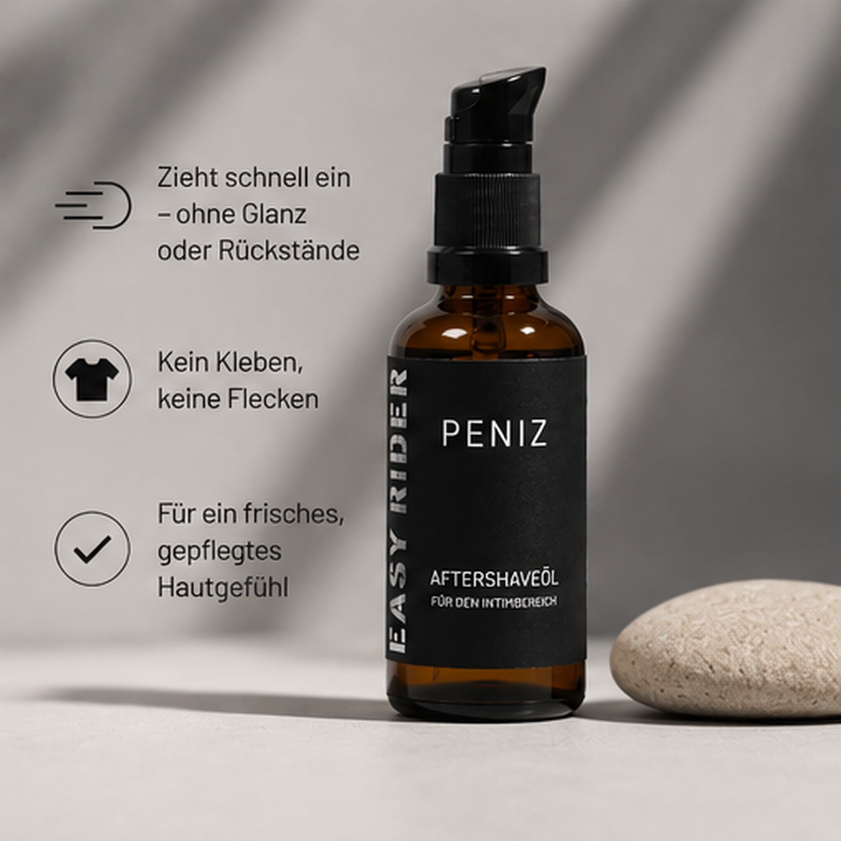 Aftershaveöl für den Intimbereich von Easy Rider Peniz zur Pflege nach der Rasur, schnell einziehend, nicht fettend und ohne Flecken auf der Kleidung.