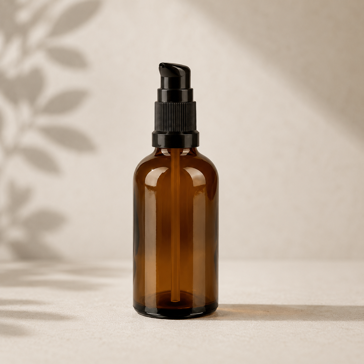 Minimalistische braune Pumpflasche für männliche Intimpflege und After Shave Öl auf hellem Hintergrund. Moderne Premium Pflege für Männer gegen Rasurbrand, Hautreizungen und empfindliche Haut nach der Rasur.